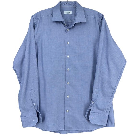 Eton Contemporary Blue Checkered Dress Shirt Mens 46 / 18 Long Sleeve - Picture 1 of 6